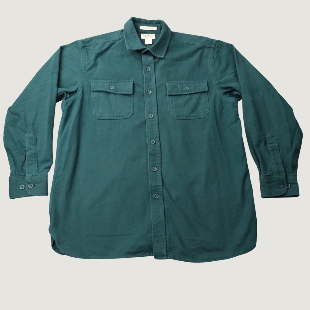 LL Bean Chamois Cloth Shirt Traditional Fit Large Green 100% Cotton 187923